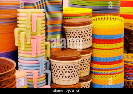 Plastic products, Shop with various houseware, Recycled plastic for sale, many choices. Stock Photo