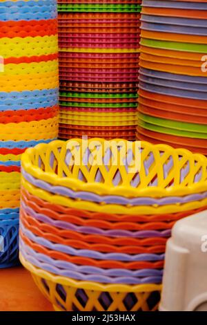 Plastic products, Shop with various houseware, Recycled plastic for sale, many choices. Stock Photo