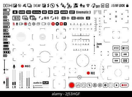 Video and photo camera viewfinder display signs. Focus, grid, zoom, shutter, preview, record frame vector symbols of shooting menu. Cam screen settings of exposure, aperture, battery, flash buttons Stock Vector