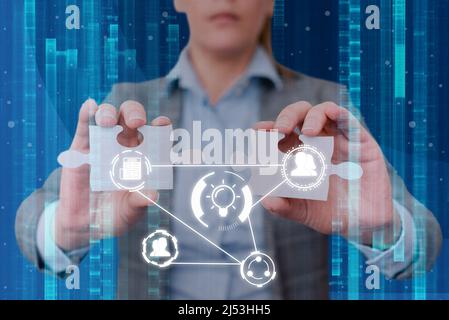 Lady in suit holding two puzzle pieces representing innovative thinking symbolizing futuristic technology. Woman carrying jigsaw displays successful Stock Photo