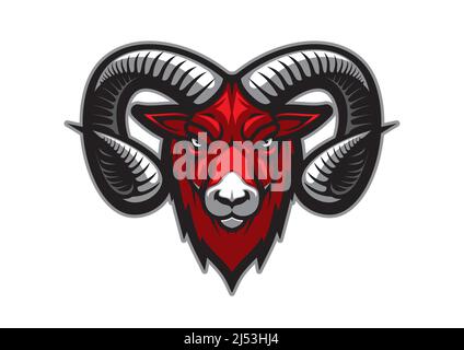 Mountain goat mascot with vector head of bighorn ram. Sport team mascot of isolated cartoon goat animal with angry face, large curved horns and red fur, strong aggressive mammal monster tattoo Stock Vector