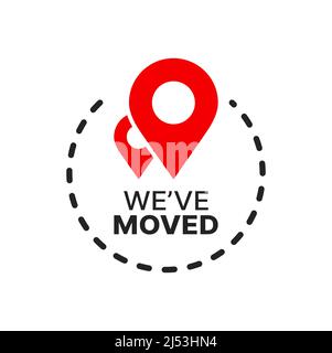 Have move icon or sign with red location pins in vector frame of route or path symbol. New location of home or office, address change and business relocation isolated icon, we have moved badge Stock Vector
