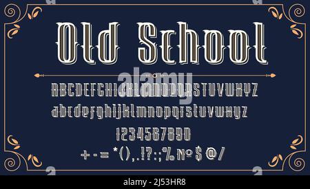 Western retro font. Wild West vintage type, english ABC typography with letters, digits and punctuation symbols. American vintage typeset, alphabet with copper texture, antique letters Stock Vector