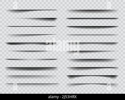 Realistic overlay transparent shadow effects. Isolated vector black or grey shade stripes with soft edges, mockup elements. Set of abstract panel or bar shadows 3d object Stock Vector