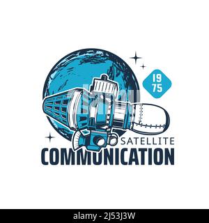 Telecommunication satellite, vector near earth shuttle. Communication equipment with solar panels in space on planet orbit. Galaxy and outer space investigation, explorer isolated on white background Stock Vector