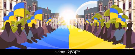 people silhouettes holding Ukrainian flag pray for Ukraine peace save Ukraine from russia stop war concept Stock Vector
