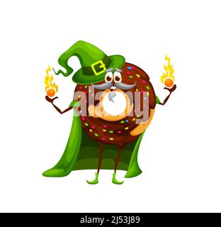 Cartoon donut sorcerer character. Cute fast food dessert pastry, isolated vector cheerful donut with chocolate dip personage in green hat and cape, casting fireball magical spell Stock Vector