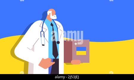 doctor holding help boxes with medical supplies humanitarian aid material assistance governmental help Stock Vector