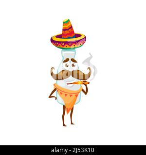 Cartoon tequila drink bottle funny character. Happy smiling mexican alcohol beverage, tequila drink funny isolated vector moustached personage in sombrero hat, smoking cigar Stock Vector