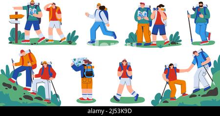 People hiking set. Active vacation and tourism scenes, tourist characters with backpacks on adventure. Vector set Stock Vector