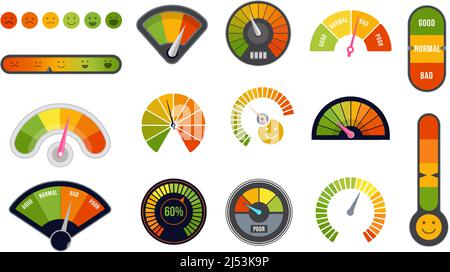 Customer satisfaction meter set. Vector quality indicator and business rating counter. Vector infographic isolated set Stock Vector