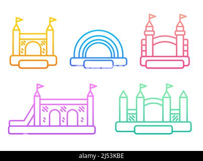 Bouncy castle gradient outline icons. Jumping inflatable houses on kids playground. Set of vector logos EPS 10 Stock Vector