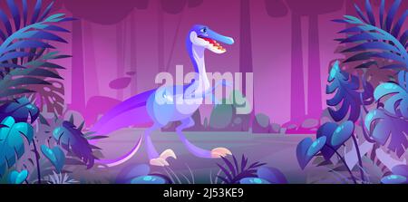 Cute baby velociraptor in jungle at night. Dinosaur character in prehistoric forest. Vector cartoon illustration of dark rainforest landscape with funny dino, tropical plants and trees Stock Vector