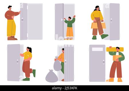 People at house entrance, enter or exit home. Vector flat illustration of happy characters open door, lock with key, taking out trash, leaving apartment, come back from shopping Stock Vector