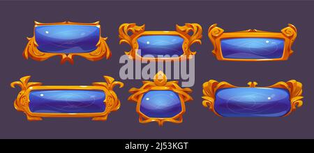 Glossy blue buttons and frames for ui game interface. Vector cartoon ...