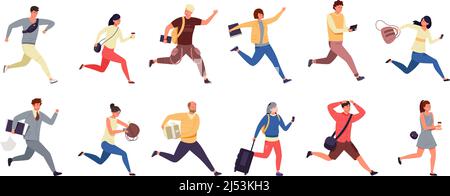 Hurrying people. Cartoon people late for work, men and women characters in casual clothes running and jogging. Vector set Stock Vector