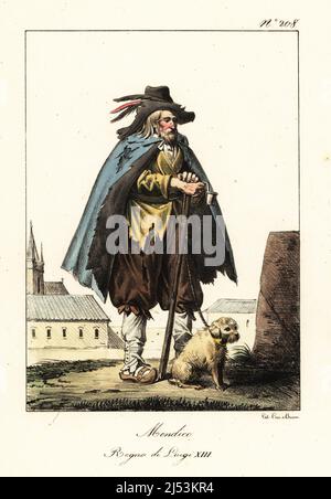 Costume of a beggar, 17th century, reign of King Louis XIII of France. In ragged plumed hat, torn cape, ragged coat, pantalons, gaiters and wooden clogs, with begging cup, staff and dog. Mendicant. Regne de Louis XIII. Handcoloured lithograph by Lorenzo Bianchi and Domenico Cuciniello after Hippolyte Lecomte from Costumi civili e militari della monarchia francese dal 1200 al 1820, Naples, 1825. Italian edition of Lecomte’s Civilian and military costumes of the French monarchy from 1200 to 1820. Stock Photo