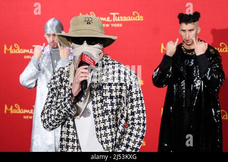 New York City, United States. 19th Apr, 2022. MANHATTAN, NEW YORK CITY, NEW YORK, USA - APRIL 19: Puerto Rican rapper Bad Bunny reveals wax figures for Madame Tussauds New York and Madame Tussauds Orlando at Madame Tussauds New York on April 19, 2022 in Manhattan, New York City, New York, United States. (Photo by Jordan Hinton/Image Press Agency) Credit: Image Press Agency/Alamy Live News Stock Photo