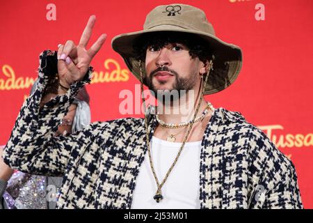 New York City, United States. 19th Apr, 2022. MANHATTAN, NEW YORK CITY, NEW YORK, USA - APRIL 19: Puerto Rican rapper Bad Bunny reveals wax figures for Madame Tussauds New York and Madame Tussauds Orlando at Madame Tussauds New York on April 19, 2022 in Manhattan, New York City, New York, United States. (Photo by Jordan Hinton/Image Press Agency) Credit: Image Press Agency/Alamy Live News Stock Photo