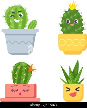 Cute cactus with faces collection, succulent plant Stock Vector