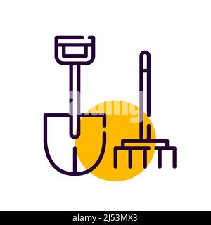 Shovel and rack farmer gardening tools. Harvesting symbols. Pixel perfect, editable stroke line icon Stock Vector