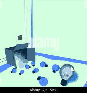 Glowing light bulbs scattered floor represent out of box ideas. Many spare electric lights big carton room corner storage room. Mixed bright dim Stock Vector