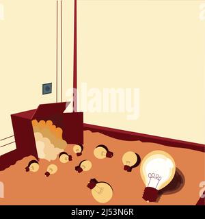 Glowing light bulbs scattered floor represent out of box ideas. Many spare electric lights big carton room corner storage room. Mixed bright dim Stock Vector