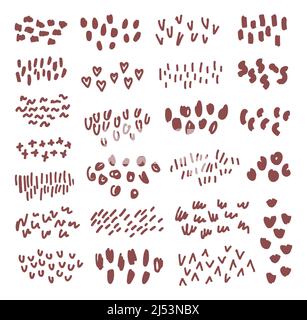Set of abstract textures in brown colors. Dots, squiggles, curves, lines, spots. Vector hand-drawn illustration isolated on white background. Perfect for decorations, various designs. Stock Vector