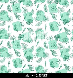 A seamless pattern of monochrome tropical elements, hand-drawn doodle-style elements. Strelicia flower, palm leaves, lotus leaves, and foliage. Tropic Stock Vector
