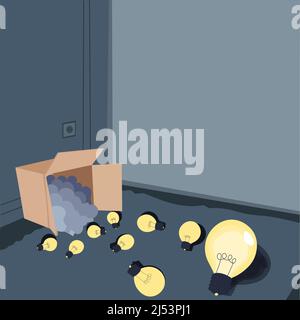 Glowing light bulbs scattered floor represent out of box ideas. Many spare electric lights big carton room corner storage room. Mixed bright dim Stock Vector