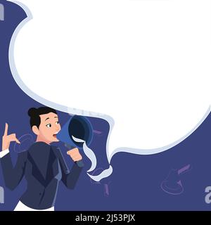 Female leader making statement. Woman wearing formal attire holds megaphone giant speech balloon. Lady expressing success and encouragement. Activist Stock Vector