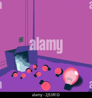Glowing light bulbs scattered floor represent out of box ideas. Many spare electric lights big carton room corner storage room. Mixed bright dim Stock Vector