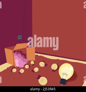 Glowing light bulbs scattered floor represent out of box ideas. Many spare electric lights big carton room corner storage room. Mixed bright dim Stock Vector