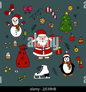 collection of christmas objects and characters isolated on white background. Vector illustration Stock Vector