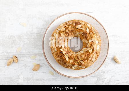 French almond cake with nuts, top view Stock Photo