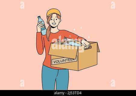 Smiling woman with box help people in need with food and supplies. Happy girl volunteer show aid and assistance to poor. Female activist feel kind. Charity and donation. Vector illustration.  Stock Vector