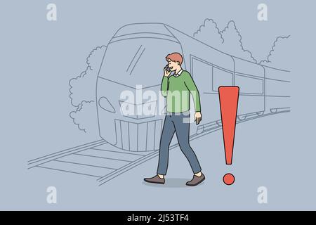 Young man talking on phone crossing tracks while train is approaching. Careless guy speak on cellphone ignore railroad safety rules and warnings. Keep back from platform edge. Vector. Stock Vector