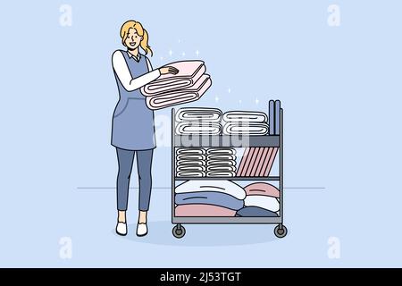 Smiling woman housekeeper with trolley with clean towels work in hotel or hostel. Happy female maid provide good quality housekeeping or laundry service. Dry cleaning. Vector illustration.  Stock Vector