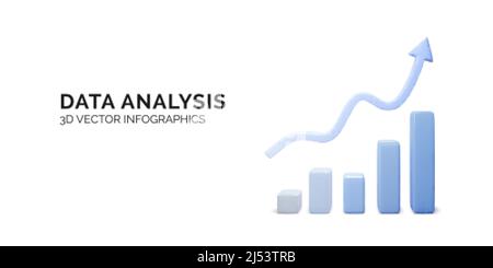 Realistic chart in blue business colors. Growing bars graphic with rising arrow. Digital marketing concept banner. Vector illustration Stock Vector