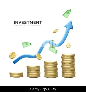 3D money coin stack and blue arrow up isolated on white background. coin stack growing business banner. Investment and money earning growth concept. V Stock Vector