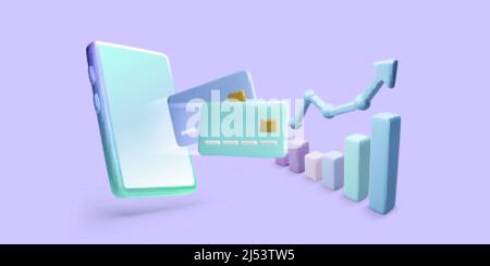 Manage money use mobile phone or application. 3D phone and graph with arrow up and credit card. Financial investment trade. Bank deposit and finance p Stock Vector
