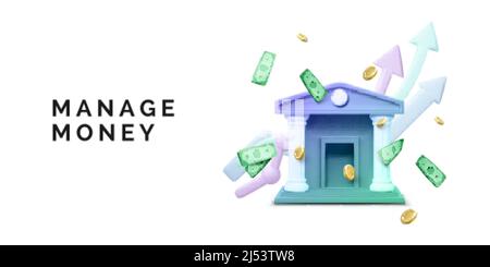 Bank building and falling coins and paper currency with arrows on background. 3d realistic bank icon. Money transaction or savings concept. Vector ill Stock Vector