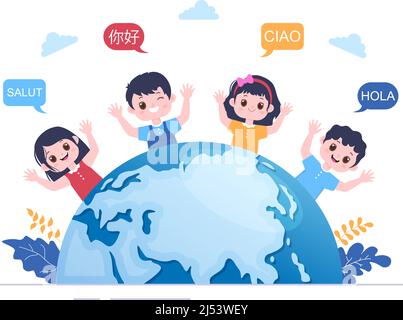 Translator or Translation Language Illustration. Say hello in Different Countries and Multilingual International Communication Cartoon Design Stock Vector
