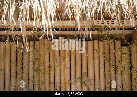 Large bamboo wall and straw at the top. Stock Photo