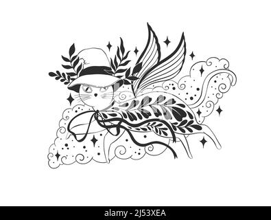 Mystic aesthetic cat witch mage composition print. Hand draw black color.Esoteric sign alchemy. Stock Vector