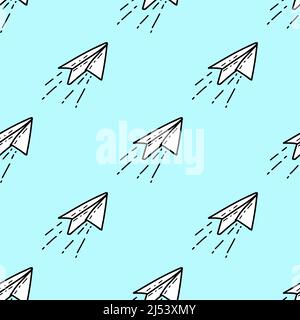 Seamless pattern with Illustration paper plane in a doodle style on blue background Stock Vector