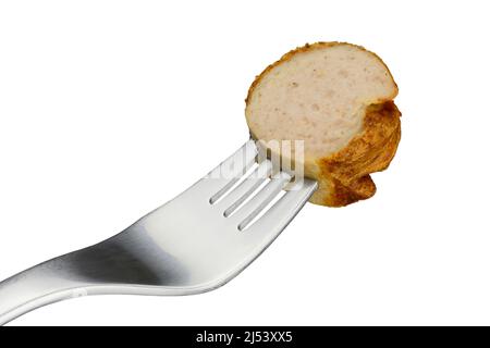 Bratwurst on fork isolated Stock Photo