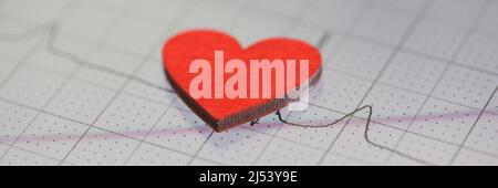 Toy red heart lying on paper with electrocardiogram closeup Stock Photo