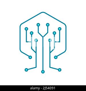 Digital tree line icon. Blue color circuit tree. Data science concept. Technology and nature connection. Internet and networking idea. Vector Stock Vector