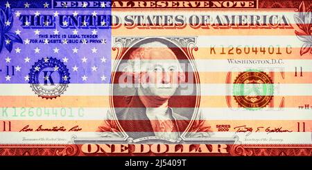 Photomontage 1 US dollar note with US flag Stock Photo